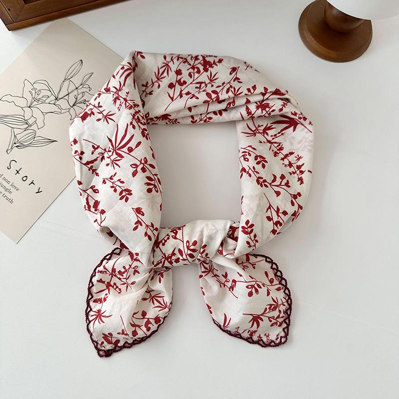 70% Cotton Linen Small Square Silk Scarf - Korean Style Floral Design for Versatile Neckwear and Decorative Use