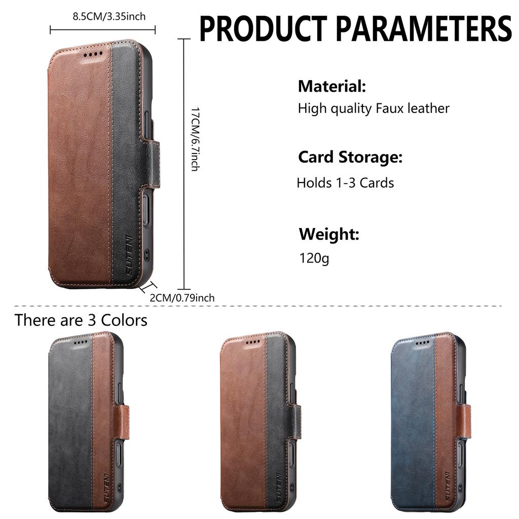 SUTENI Q-07 For iPhone 16 Case Magnetic Color Splicing Cowhide Texture Leather Cover