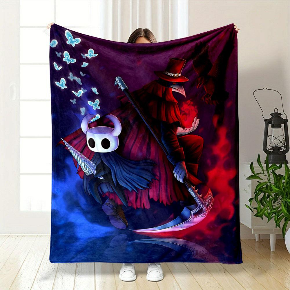 Two characters in red and blue lighting, with butterflies and a raven. for all seasons blanket lunch break throw gift