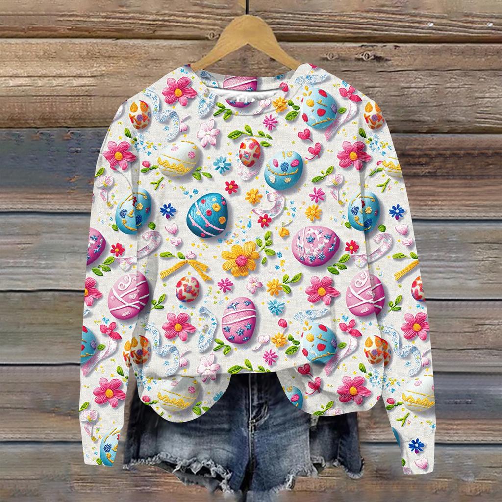 Женская мода Пасха Печатный Длинный рукав Свободный круглый вырез Толстовка Топ