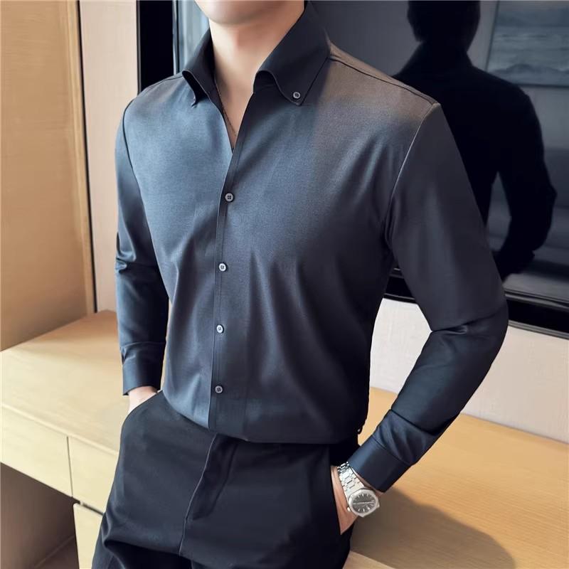 Men's Turn Down Collar Shirt Long Sleeved Autumn Solid Color Casual Slim Fit Shirt Korean Fashion Mens Clothing