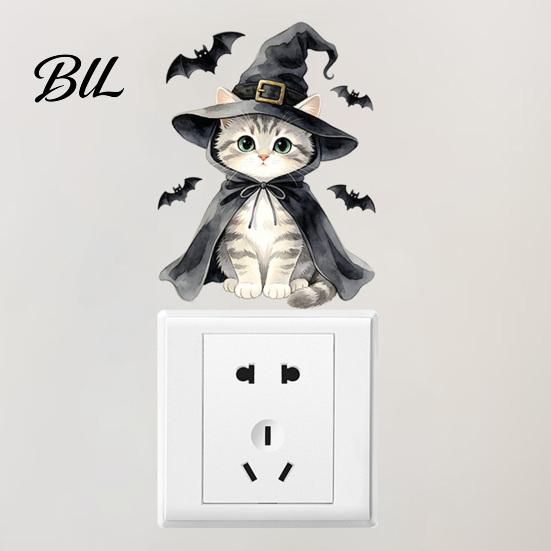 Kids Room Wall Accents Halloween Wizard Cat & Bat Switch Sticker, Self-Adhesive Light Decal, Themed Living Decor Removable for Bedroom Entryway