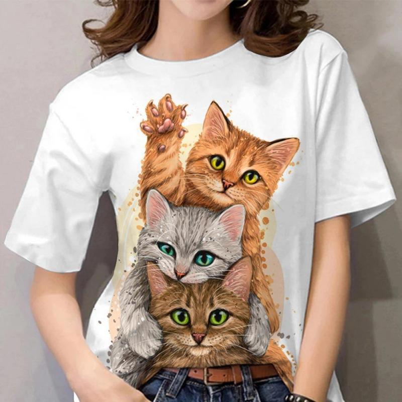Летний топ с круглым вырезом и принтом 3D Cat, модные повседневные женские футболки с короткими рукавами