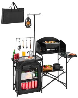 Camping Kitchen Table, Outdoor Camp Cooking Table, Aluminum Portable Cook Station with Storage Cupboard, Carrying Bag, Detachable Windscreen