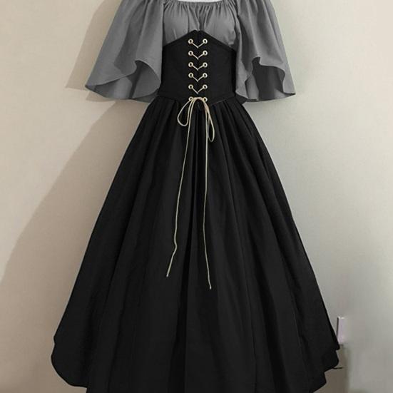 Женское платье Vinatge с рукавами-крылышками, контрастного цвета, А-силуэта, с широким подолом, тонкой талией, со складками, на шнуровке, средневековый костюм для косплея на Хэллоуин