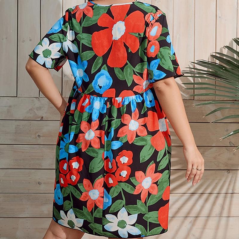 Летнее свободное платье с коротким рукавом и v-образным вырезом, милое платье с цветочным принтом, повседневное плиссированное платье больших размеров, женская одежда 28060