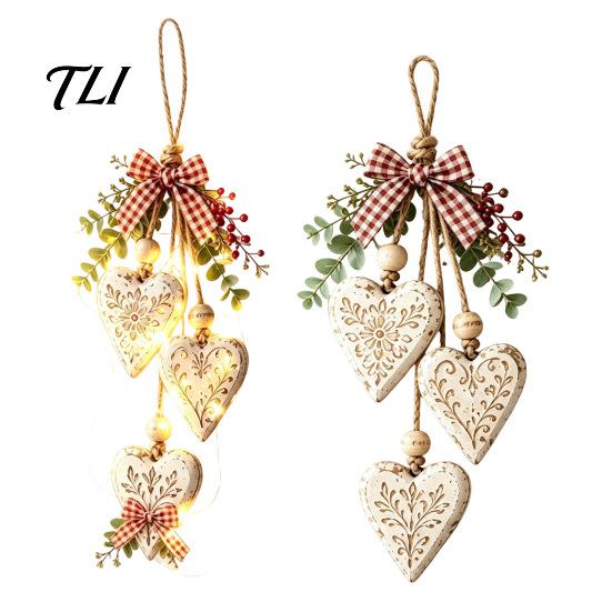 Rustic Office Wall Hanging Heart-Shaped Wooden Decorative Ornaments with LED Light, Farmhouse Heart Pendant Boho Bedroom Accents Vintage Beads & Jute