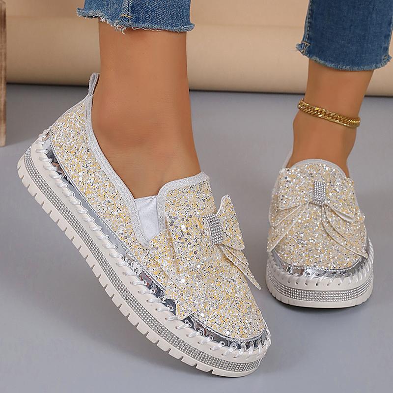 Women's Gold Silver Bowtie Sequin Flats Shiny Crystal Thick Sole Platform Loafers Ladies Light Comfort Non Slip Casual Shoes