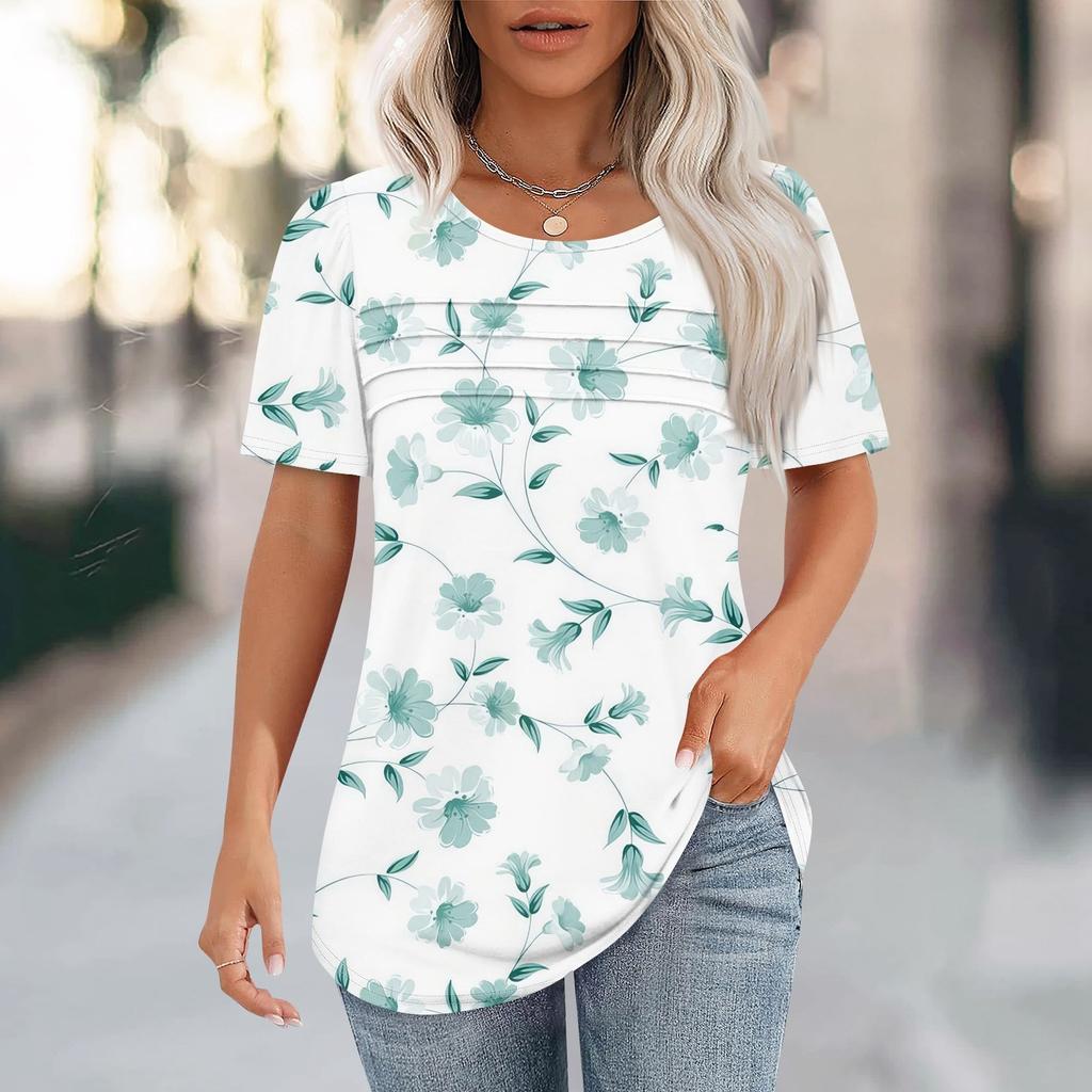 T Shirts For Women Pleated Round Neck Dressy Casual Blouses Printing Short Sleeve Summer Tops Loose Fit