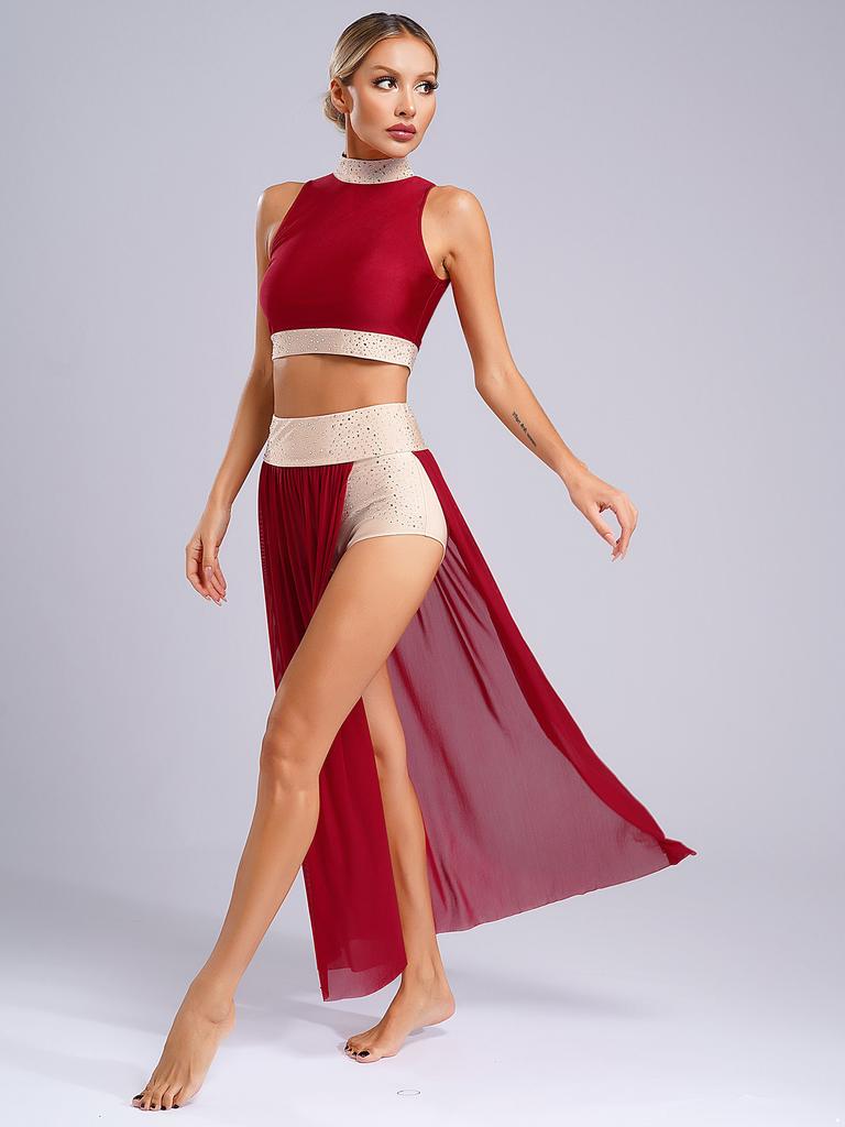 Женский комплект из 2 предметов с вырезом для бальных танцев, современных лирических танцев, катания на коньках, сценического выступления, длинное платье с разрезом сбоку, юбка макси-платья