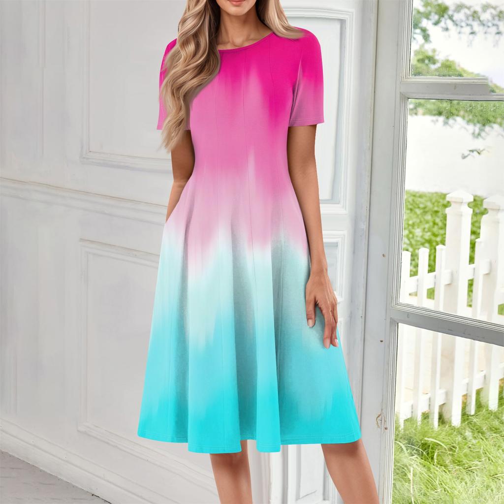 Женское повседневное модное платье с круглым вырезом и коротким рукавом средней длины с градиентом