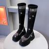Мода Мода Кристалл 9.5CM Женские Сапоги До Колена Платформа Высокие Сапоги Танкетка Натуральная Кожа Высокий Каблук Сапоги Без Застежки Осенние Зимние Сапоги Женские