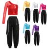 Girls One Shoulder Crop Top Sparkly Sequins Sheer Mesh Long Sleeve Design Metal Chain Pocket Pants Dance Set
