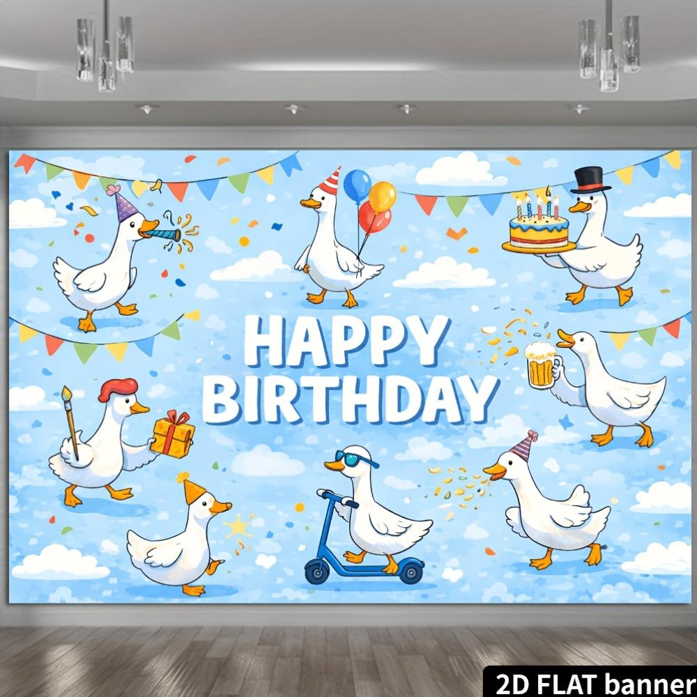 2D planar birthday theme banner background. Cute duck birthday theme combined with colorful triangular flags balloons