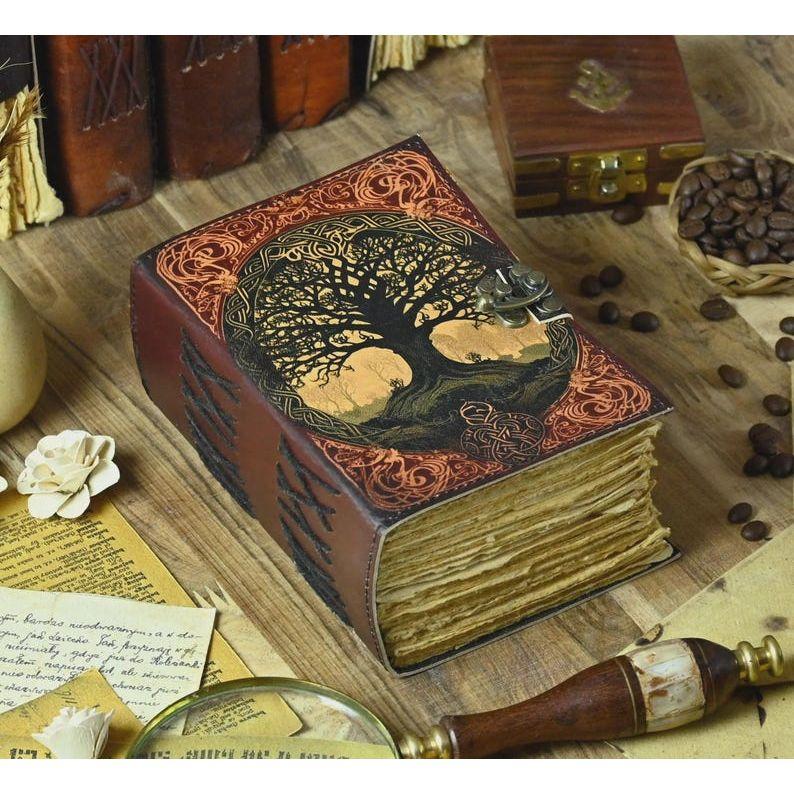 Кожаный журнал Древо Жизни для женщин и мужчин, Пустая книга теней для заклинаний, Бумага ручной работы с неровным краем, Небесный журнал