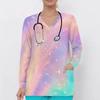 Women Plus Size Gem Printed V Neck Long Sleeve Scrub Top With Front Pockets