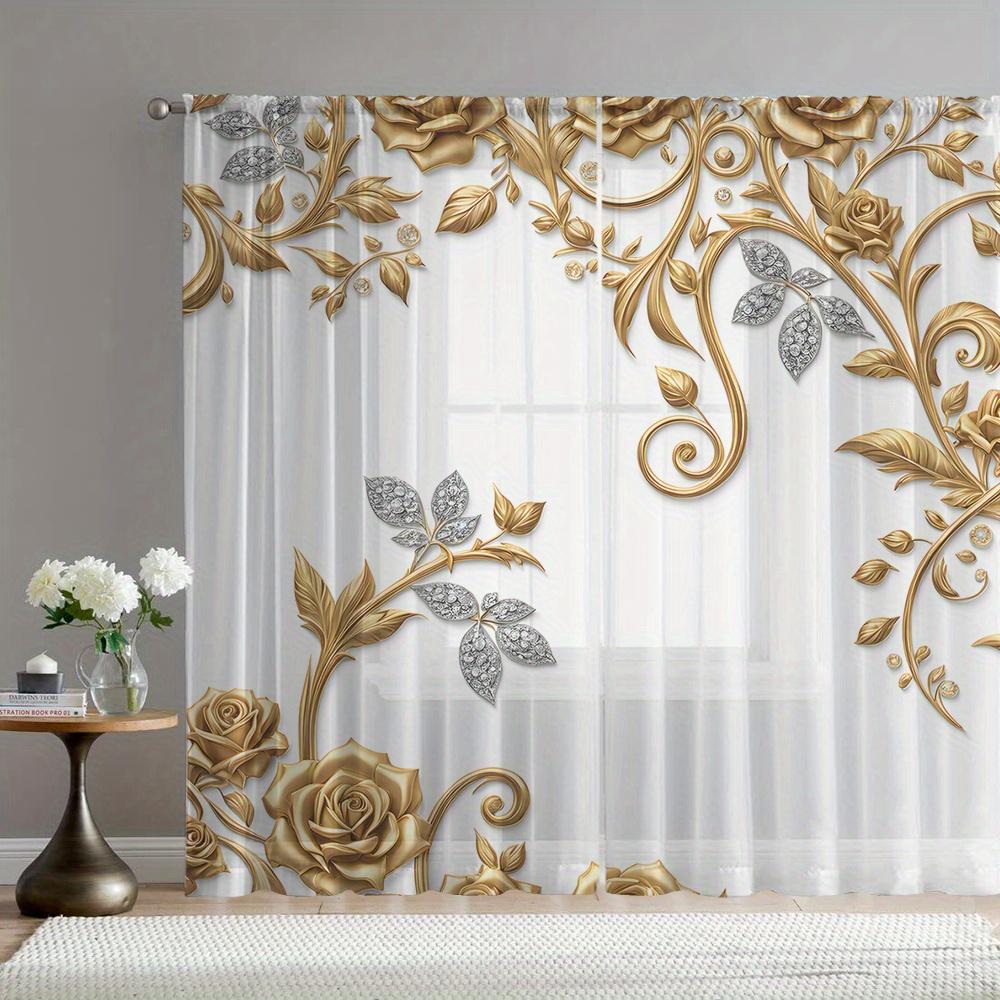 High Quality Gold Floral Pattern Curtains Baroque Sheer Decorative Window Drapery Panels Luxury Living Room Home Decor