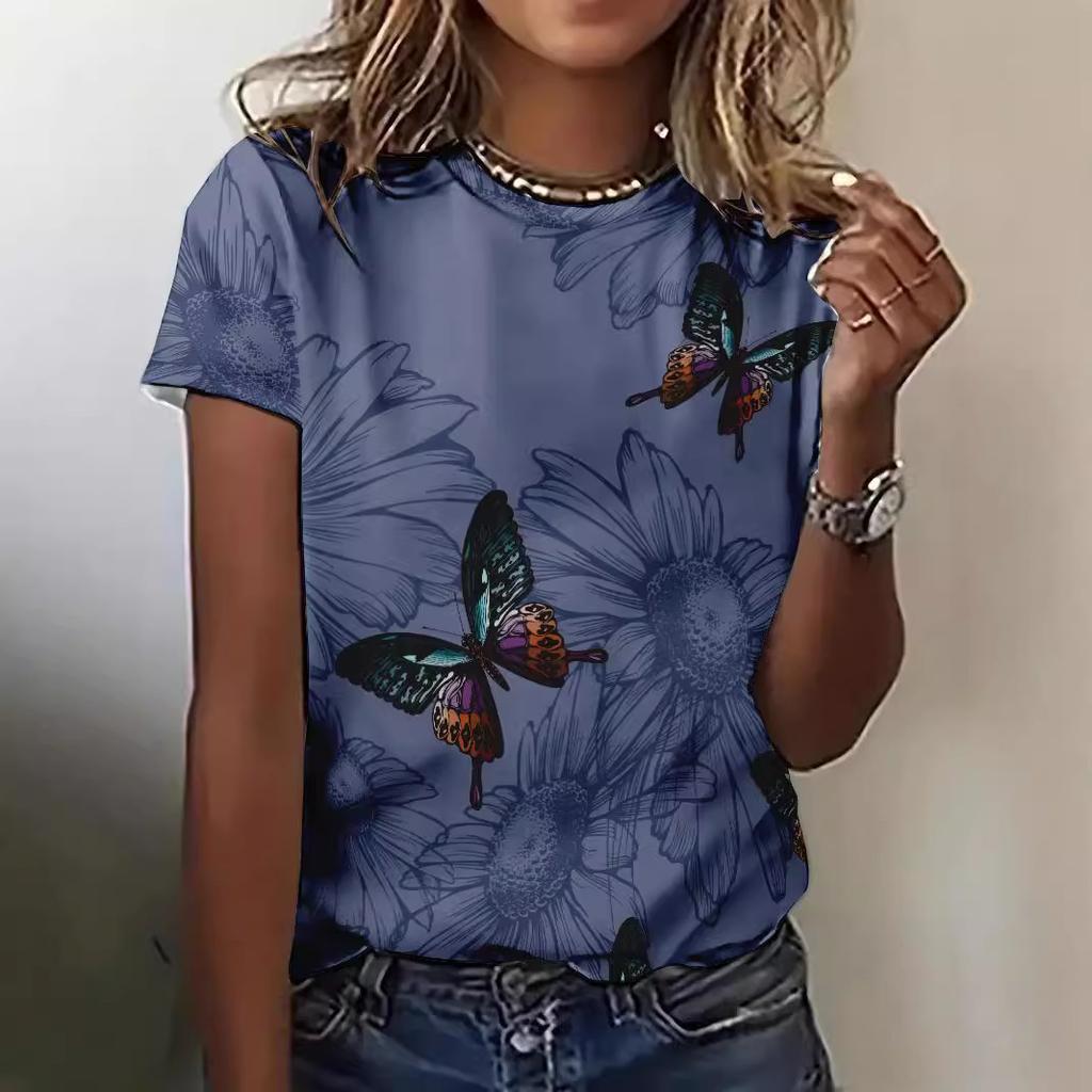 Summer Butterfly 3D Printed T-Shirts Plus Size Short Sleeve Top for Women's Versatile Loose Casual T-shirt