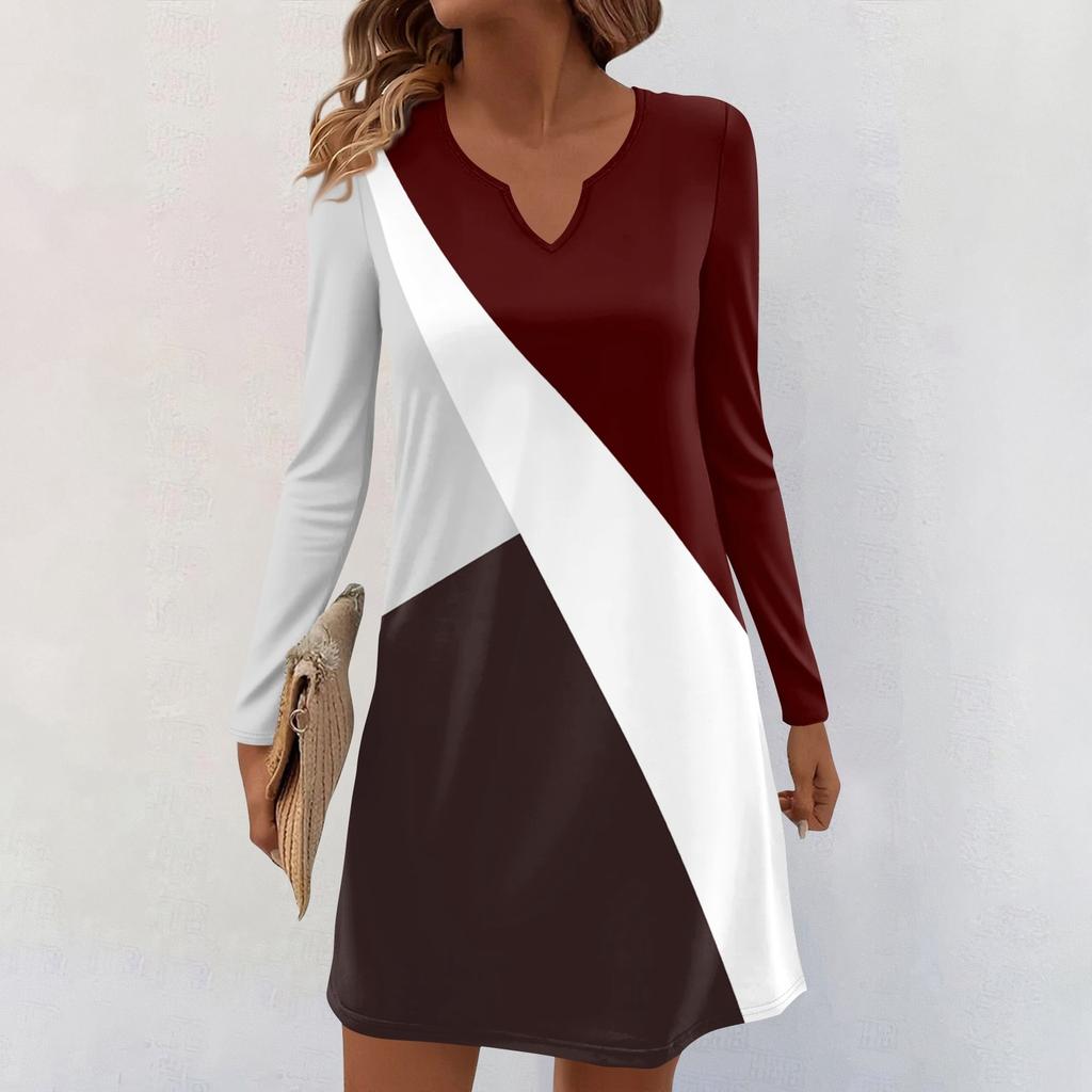 Women's Long-sleeved Casual Midi Dresses V-Neck Print Casual Dress