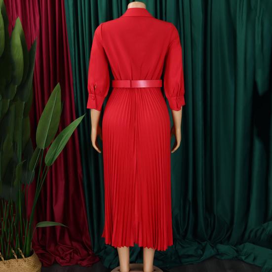 Летнее женское платье с V-образным вырезом и лацканами, трапециевидной формы, рукава три четверти, плиссированная тонкая талия, большие размеры, чистый цвет, длина до середины икры, OL, повседневное платье миди