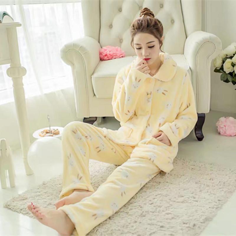 Winter Coral Fleece Thickened Warm Women's Pajamas Spring and Autumn Cute Student Long-sleeved Flannel Home Service Suit
