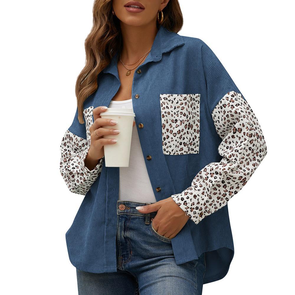 Winter Corduroy Coat Leopard Print Casual Lapel Buttoned Shirt Women Outerwear