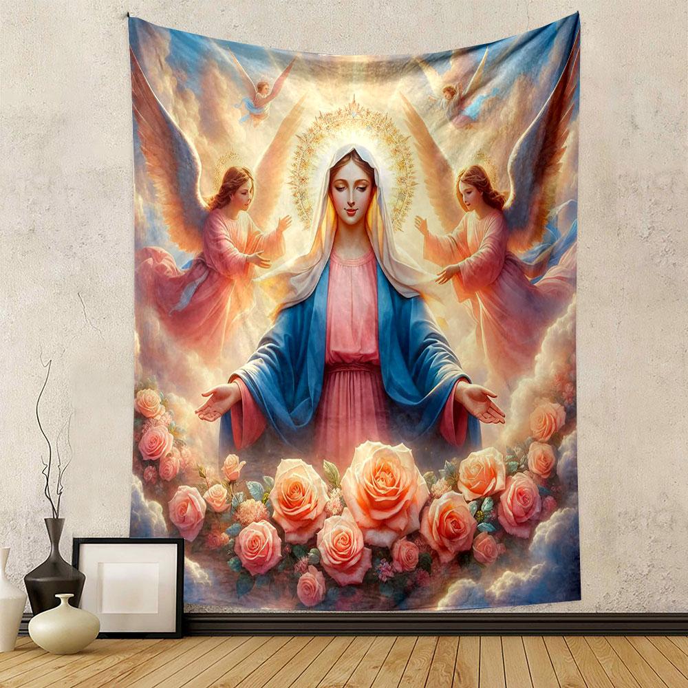 "Graceful Virgin Mary with Angels and Roses" Patterned tapestry home decor, suitable for bedroom and living room, gift