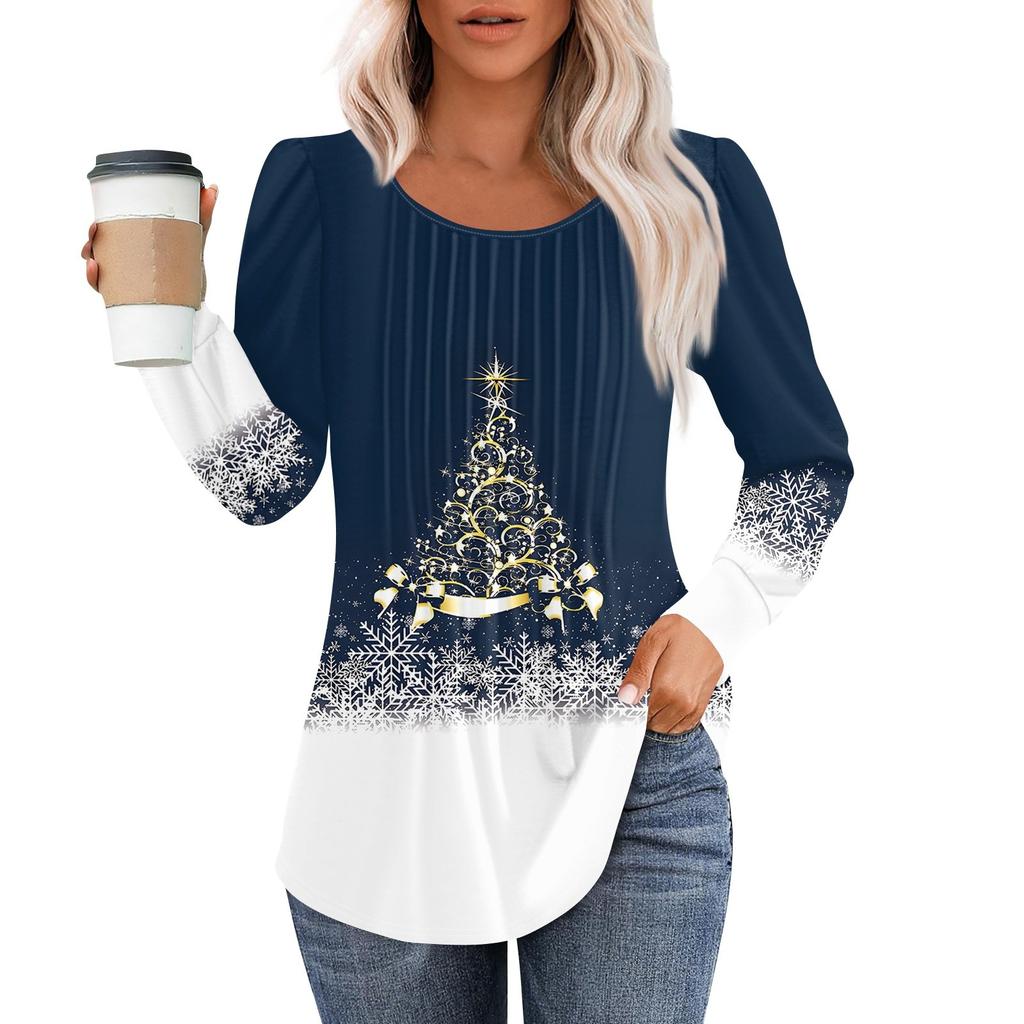 Рубашки с длинным рукавом для женщин, топы, нарядные повседневные блузки с рождественским принтом, плиссированные туники с круглым вырезом