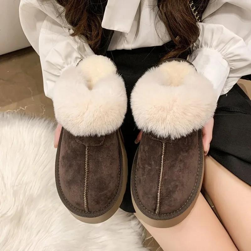 Зимние женские тапочки на платформе, теплые плюшевые тапочки, женские модные домашние и уличные пушистые замшевые мюли, женские зимние хлопковые туфли