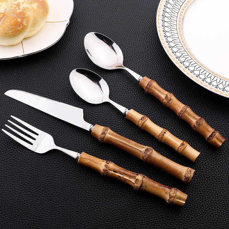 6//24Pcs Dinnerware Sets Bamboo Handle Stainless Steel Creative Flatware Set Knife Fork Spoon Tableware Set Luxury Cutlery Rack