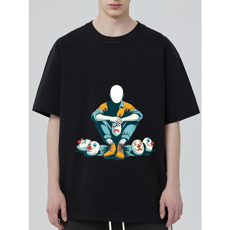 Men's Loose Fit T-Shirt Black Clown Face Graphic Print Casual Streetwear Fashion Top For Everyday Wear
