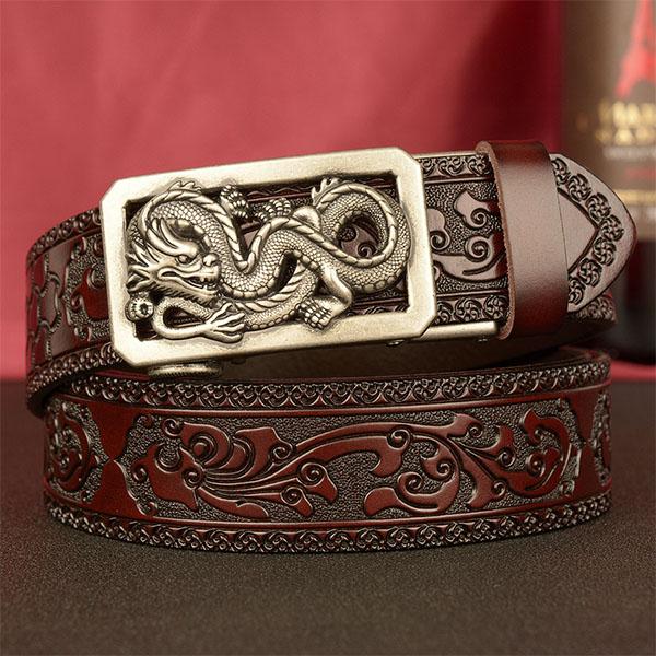 Male Belt Genuine Leather Belt for Men Carving Flower Pattern Animal Dragon Gold Automatic Buckle Belt Strap for Jeans