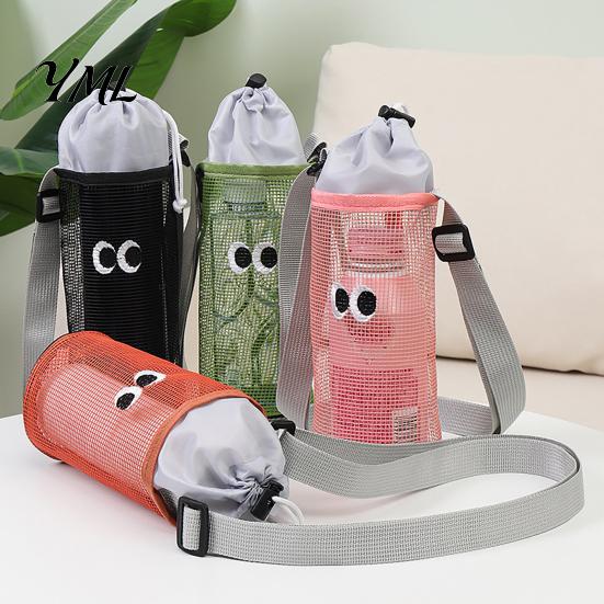 Outdoor Travel Bottle Accessory Mesh Drawstring Crossbody Cup Holder, Adjustable Strap Breathable Water Carrier Sling Bag, Cute Cartoon Pattern Pouch