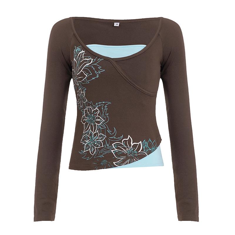 Осень 2025 Американский ретро Блок цветов Комплект из двух предметов Облегающая женская футболка