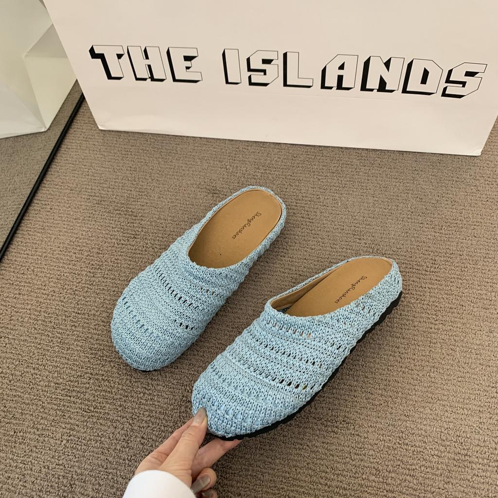 Woven Bag Head Wearing Half Slippers Women's 2025 Summer Beach One Pedal Bag Head Half Drag Muller Flat Slippers