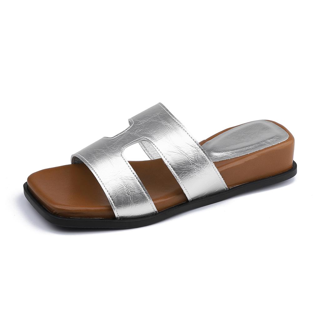 Summer new thick-bottomed cool slippers for women, high-end Korean version of temperament double-row one-word with temperament slippers for women