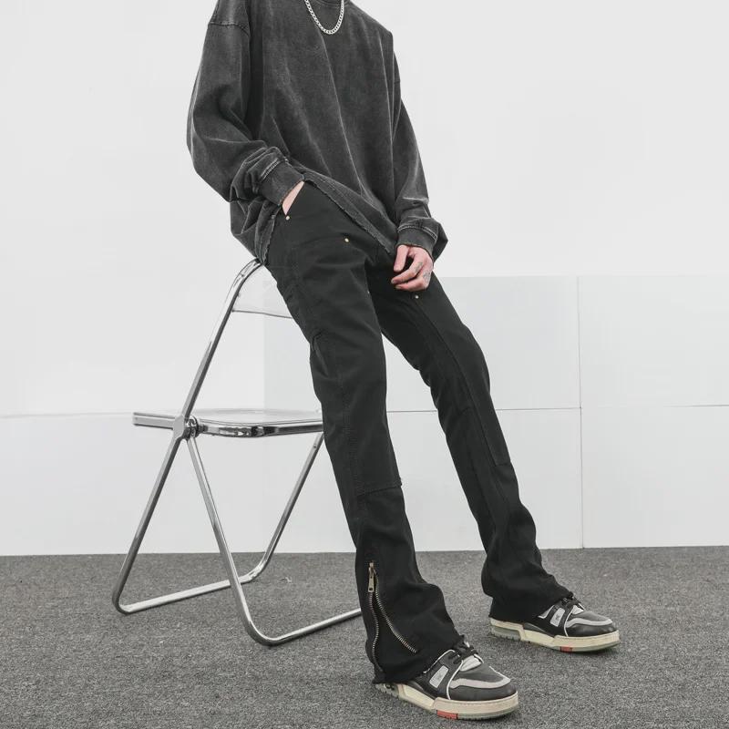 Мужские модные джинсы с необработанным краем и молнией: Узкие, прямые, расклешенные рабочие брюки в американском уличном стиле.