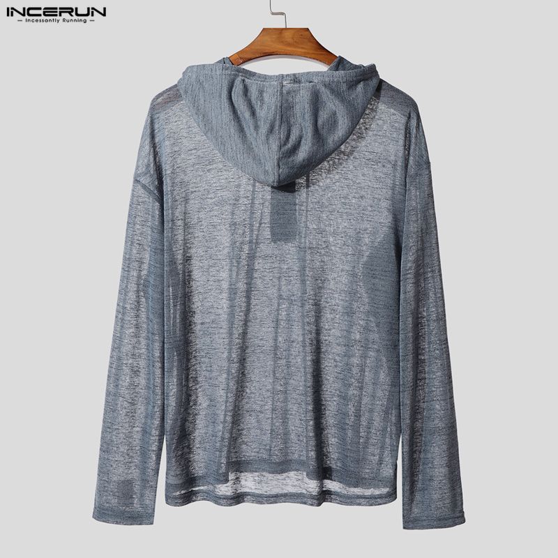 INCERUN Мужские прозрачные топы и футболки оверсайз с длинным рукавом, свободного кроя, с капюшоном на шнурке