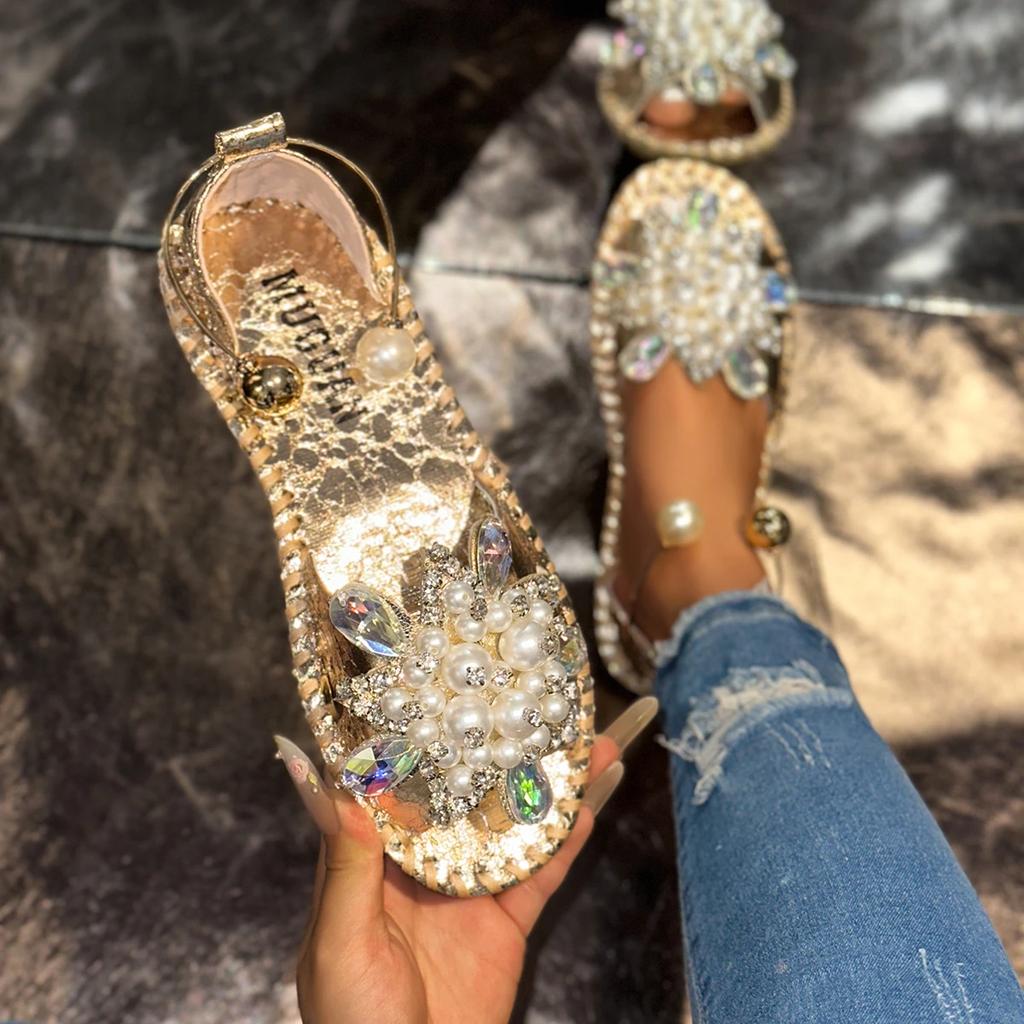 Дизайнерские Женские Сандалии Роскошные Сандалии со Стразами Повседневные Летние Сандалии с Закрытым Носком для Женщин Модные Плоские Сандалии Обувь Женская