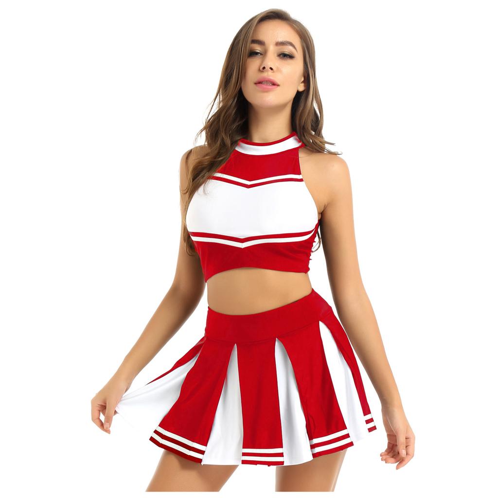Women Cheer Leader Costume Uniform Cheerleading Adult Cosplay Outfit Crop Top with Pleated Mini Skirt