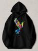 Men' & Women' Black Hooded Sweatshirt with Vibrant Floral Hummingbird Print - Colorful Bird Graphic Pullover Hoodie Casual Streetw