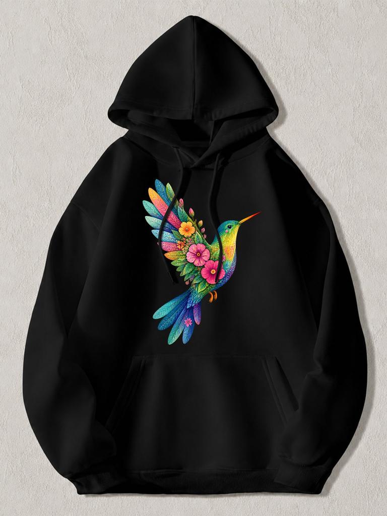 Men' & Women' Black Hooded Sweatshirt with Vibrant Floral Hummingbird Print - Colorful Bird Graphic Pullover Hoodie Casual Streetw