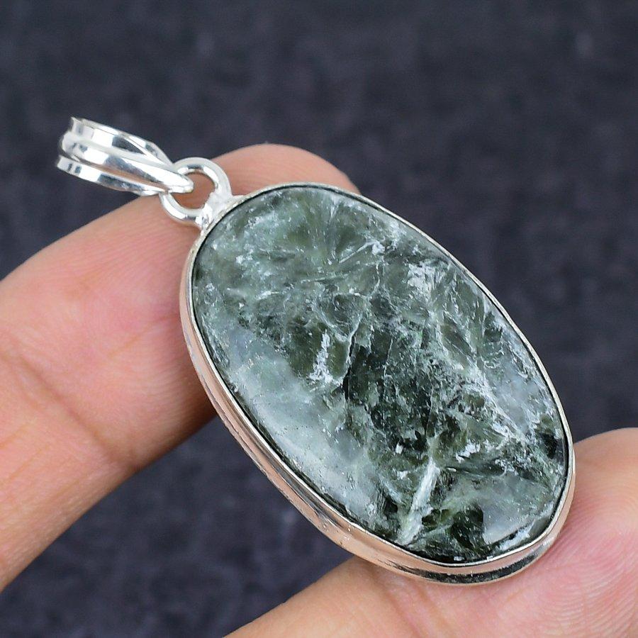 Серафинит Драгоценный Камень Ручной Работы Серебро 925 пробы Ювелирная Подвеска 2.05" w1a61