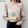 Женская повседневная блузка с круглым вырезом и цветочным принтом, свободная, рукав 3/4