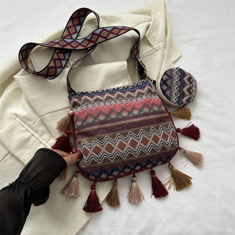 Плетеная сумка Этнический стиль Сумки через плечо Сумка через плечо в стиле бохо с кисточками Сумка через плечо с бахромой Уличная сумка через плечо