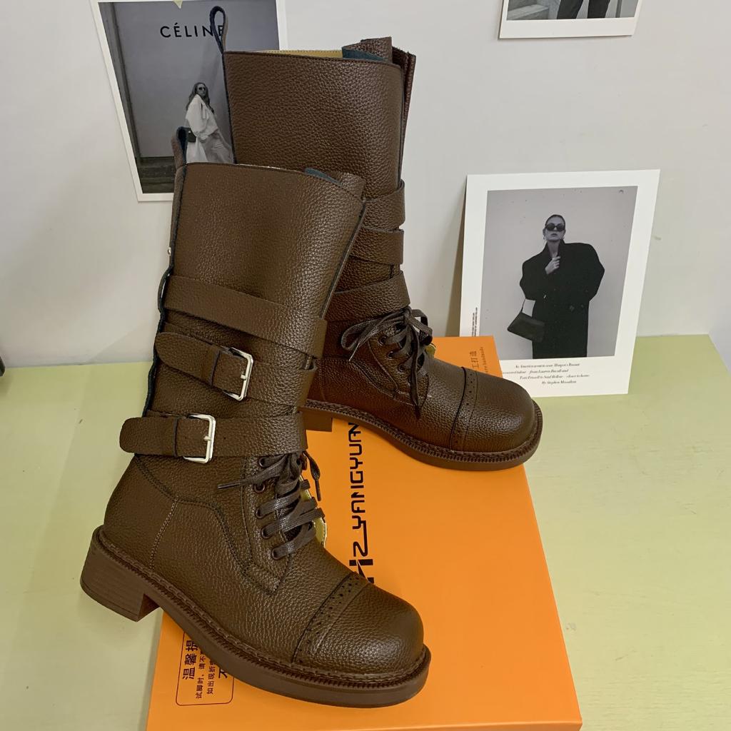 Spot Second Hair! Retro Lace-up Round Head Medium Boots British Style Versatile Solid Color Thick Heel Belt Buckle Locomotive Boots Women