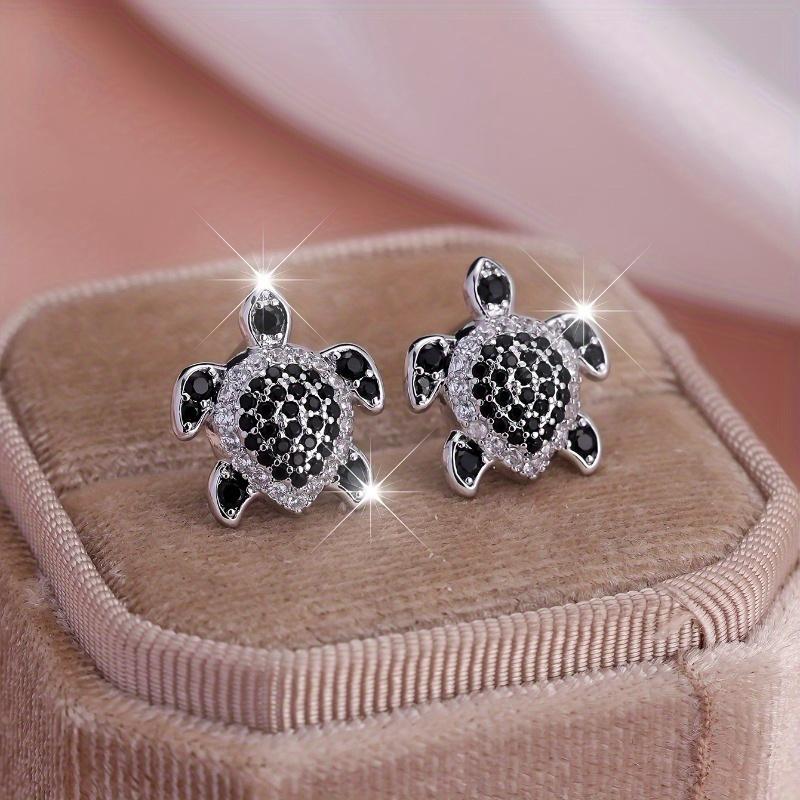 Cute Exquisite Lady Little Sea Turtle White Black Zircon Stud Earrings Small Simple Retro Marine Animal Engagement Zircon Gift
