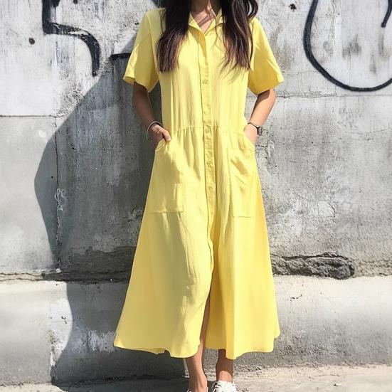 Женское платье с лацканами, короткий рукав, однобортное, повседневное платье с карманами, однотонное