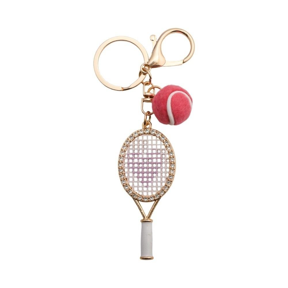 Alloy Inlaid Rhinestone Tennis Racket Keychain Mini Felt Ball Sports Keychain Pendant for Women