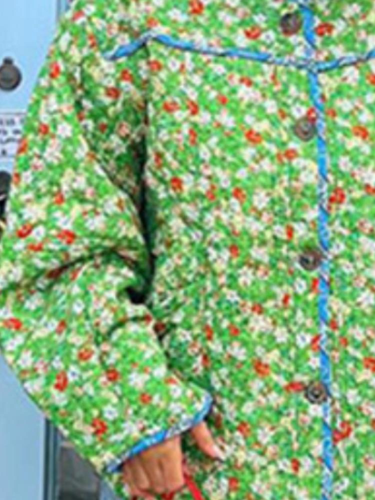 New Floral Printed Long Sleeve Jacket Women Round Neck Contrasting Colors Button Pockets Clothing Ethnic Harajuku Vintage Quilted Cotton Coats